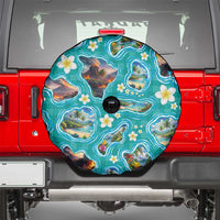 Hawaii Map with Plumeria Flower and Palaka Pattern Spare Tire Cover Tropical Island Teal Design