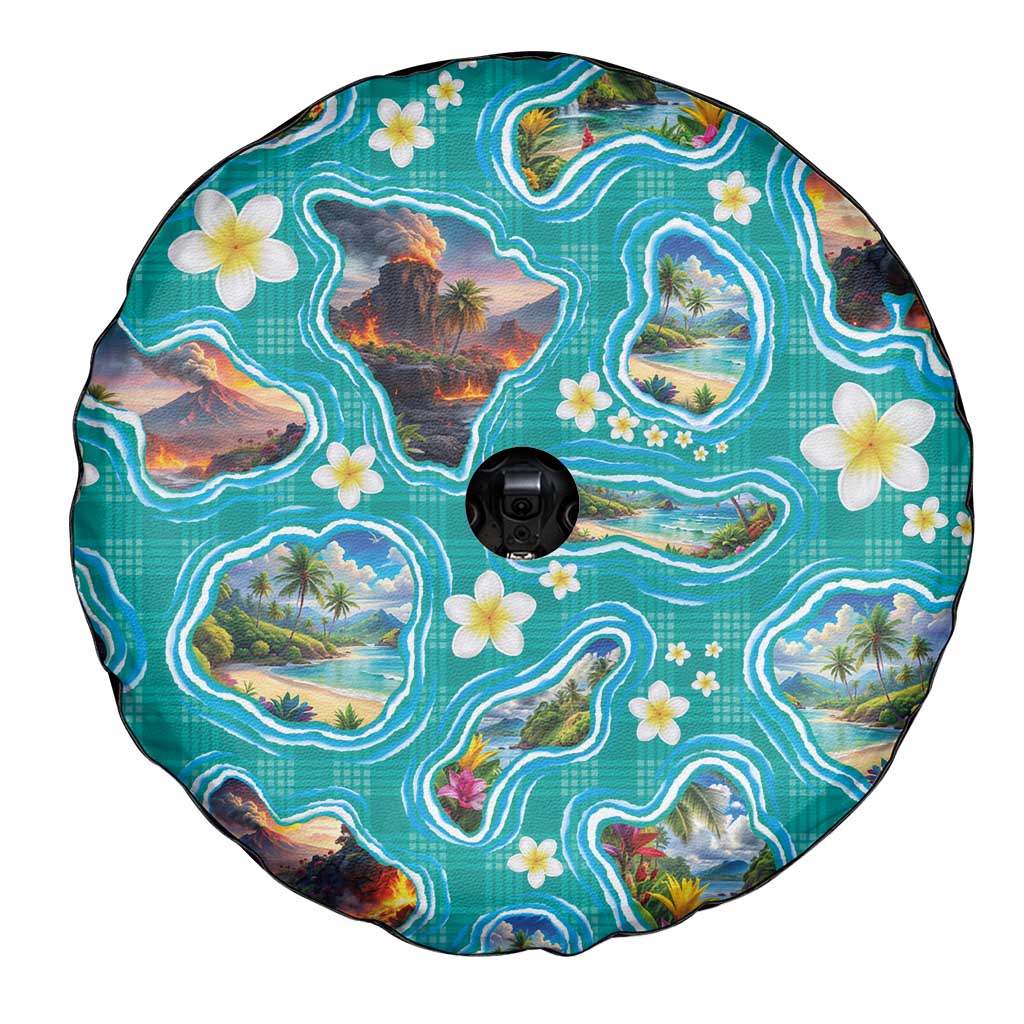 Hawaii Map with Plumeria Flower and Palaka Pattern Spare Tire Cover Tropical Island Teal Design