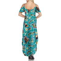 Hawaii Map with Plumeria Flower and Palaka Pattern Summer Maxi Dress Tropical Island Teal Design