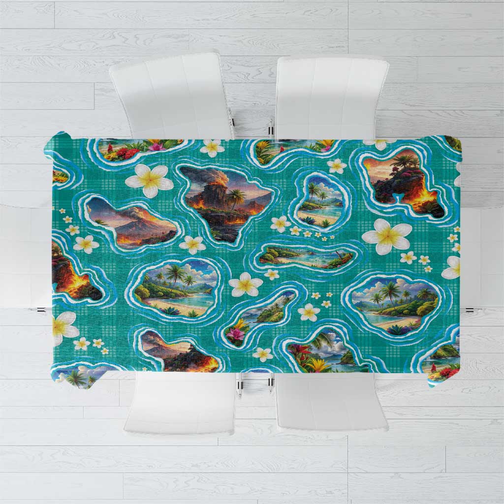 Hawaii Map with Plumeria Flower and Palaka Pattern Tablecloth Tropical Island Teal Design