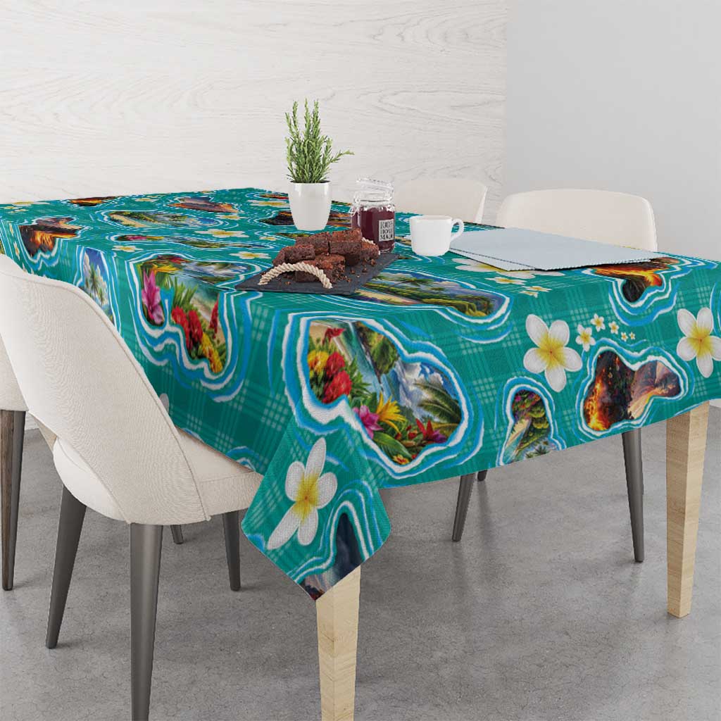 Hawaii Map with Plumeria Flower and Palaka Pattern Tablecloth Tropical Island Teal Design