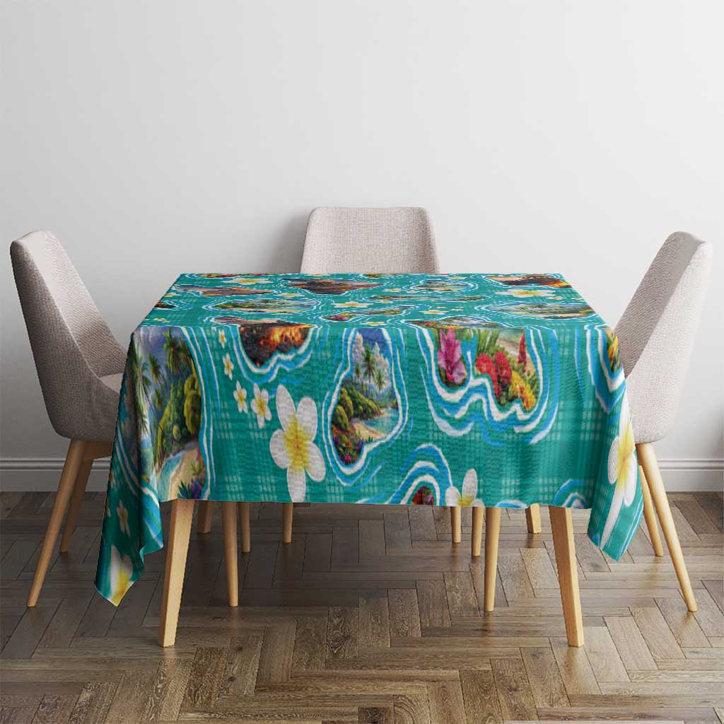 Hawaii Map with Plumeria Flower and Palaka Pattern Tablecloth Tropical Island Teal Design