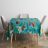 Hawaii Map with Plumeria Flower and Palaka Pattern Tablecloth Tropical Island Teal Design