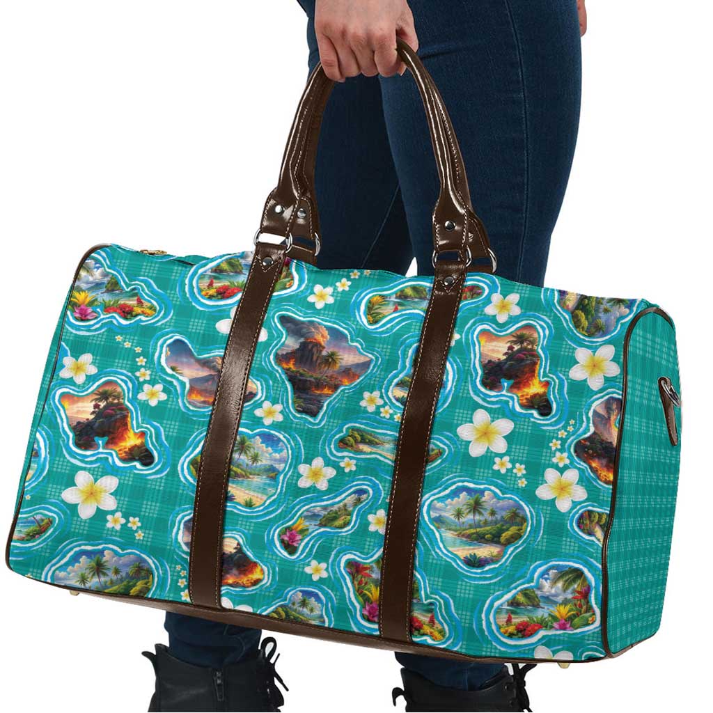 Hawaii Map with Plumeria Flower and Palaka Pattern Travel Bag Tropical Island Teal Design