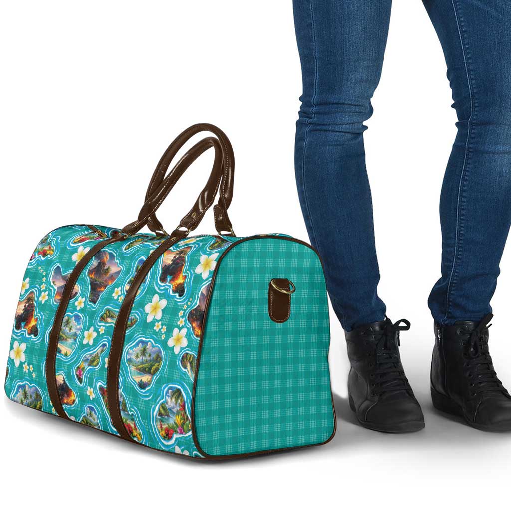 Hawaii Map with Plumeria Flower and Palaka Pattern Travel Bag Tropical Island Teal Design