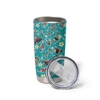 Hawaii Map with Plumeria Flower and Palaka Pattern Tumbler Cup Tropical Island Teal Design