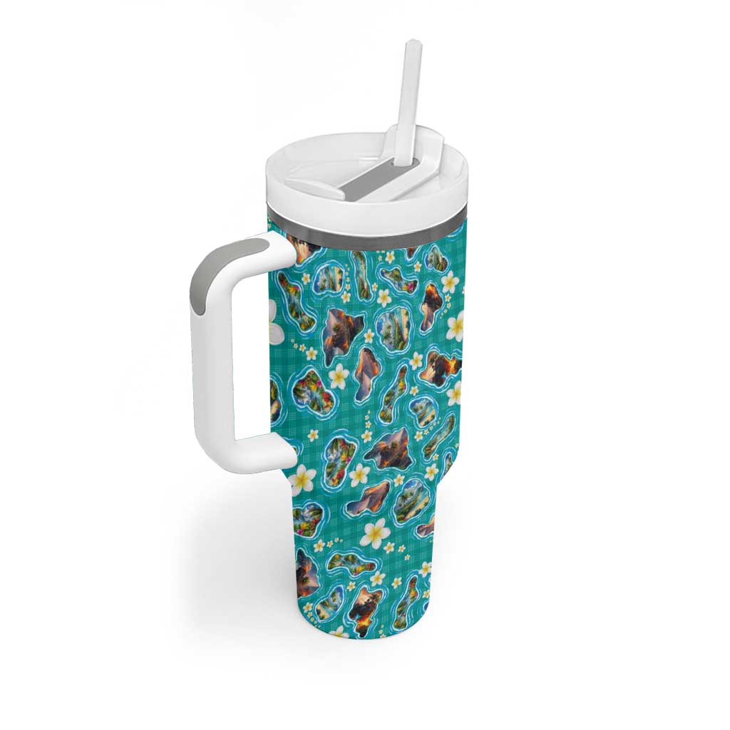 Hawaii Map with Plumeria Flower and Palaka Pattern Tumbler With Handle Tropical Island Teal Design