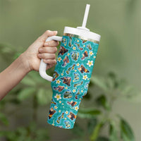 Hawaii Map with Plumeria Flower and Palaka Pattern Tumbler With Handle Tropical Island Teal Design