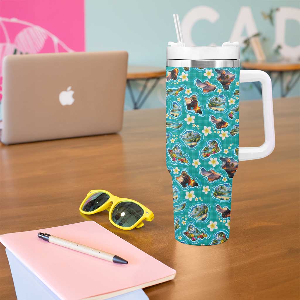 Hawaii Map with Plumeria Flower and Palaka Pattern Tumbler With Handle Tropical Island Teal Design
