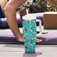 Hawaii Map with Plumeria Flower and Palaka Pattern Tumbler With Handle Tropical Island Teal Design