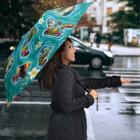 Hawaii Map with Plumeria Flower and Palaka Pattern Umbrella Tropical Island Teal Design