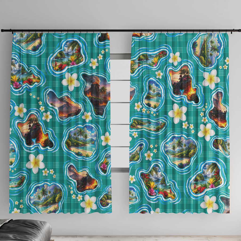 Hawaii Map with Plumeria Flower and Palaka Pattern Window Curtain Tropical Island Teal Design
