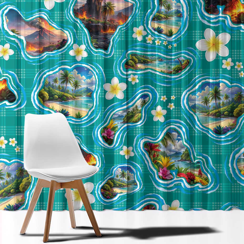 Hawaii Map with Plumeria Flower and Palaka Pattern Window Curtain Tropical Island Teal Design