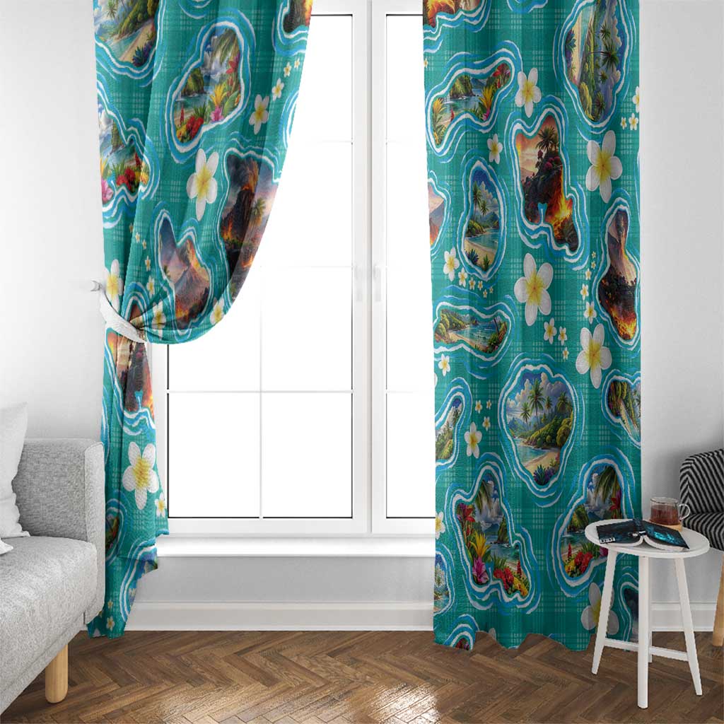 Hawaii Map with Plumeria Flower and Palaka Pattern Window Curtain Tropical Island Teal Design