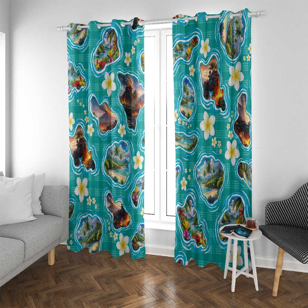 Hawaii Map with Plumeria Flower and Palaka Pattern Window Curtain Tropical Island Teal Design