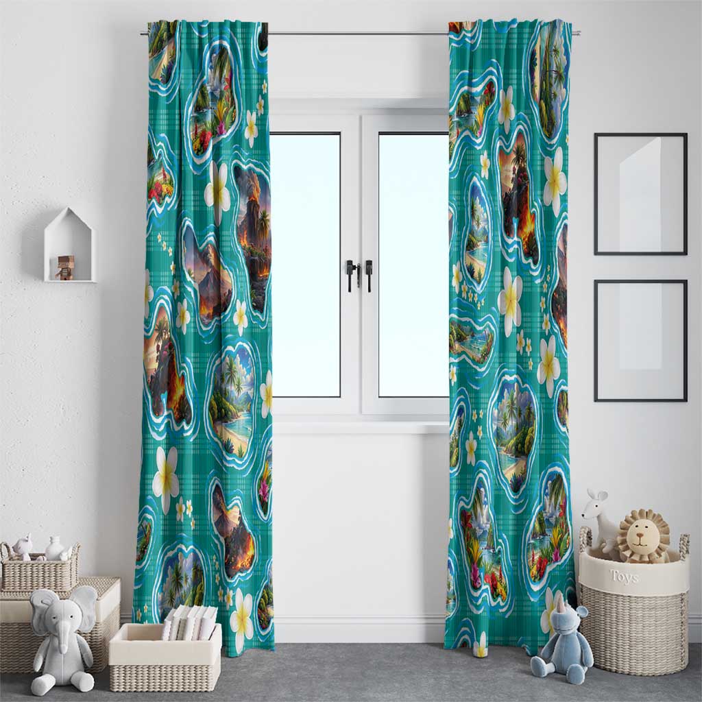 Hawaii Map with Plumeria Flower and Palaka Pattern Window Curtain Tropical Island Teal Design