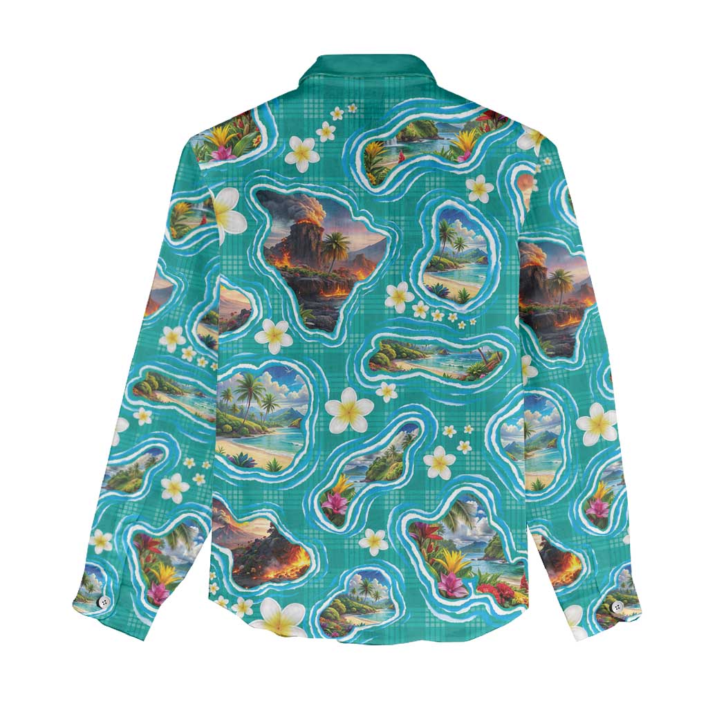 Hawaii Map with Plumeria Flower and Palaka Pattern Women Casual Shirt Tropical Island Teal Design