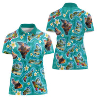 Hawaii Map with Plumeria Flower and Palaka Pattern Women Polo Shirt Tropical Island Teal Design