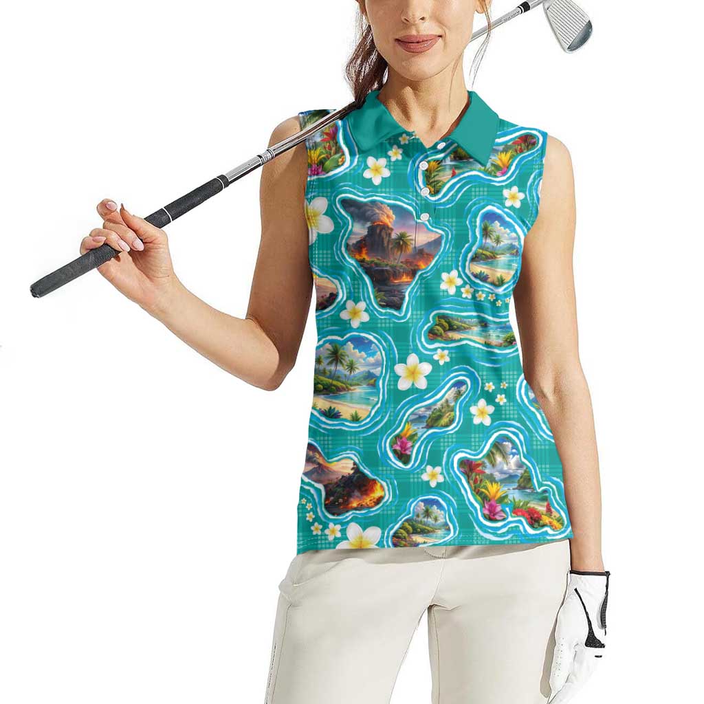 Hawaii Map with Plumeria Flower and Palaka Pattern Women Sleeveless Polo Shirt Tropical Island Teal Design
