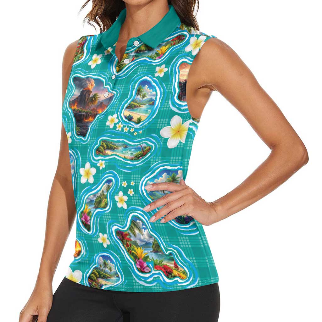 Hawaii Map with Plumeria Flower and Palaka Pattern Women Sleeveless Polo Shirt Tropical Island Teal Design
