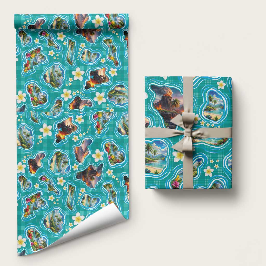 Hawaii Map with Plumeria Flower and Palaka Pattern Wrapping Paper Tropical Island Teal Design