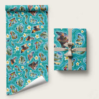 Hawaii Map with Plumeria Flower and Palaka Pattern Wrapping Paper Tropical Island Teal Design