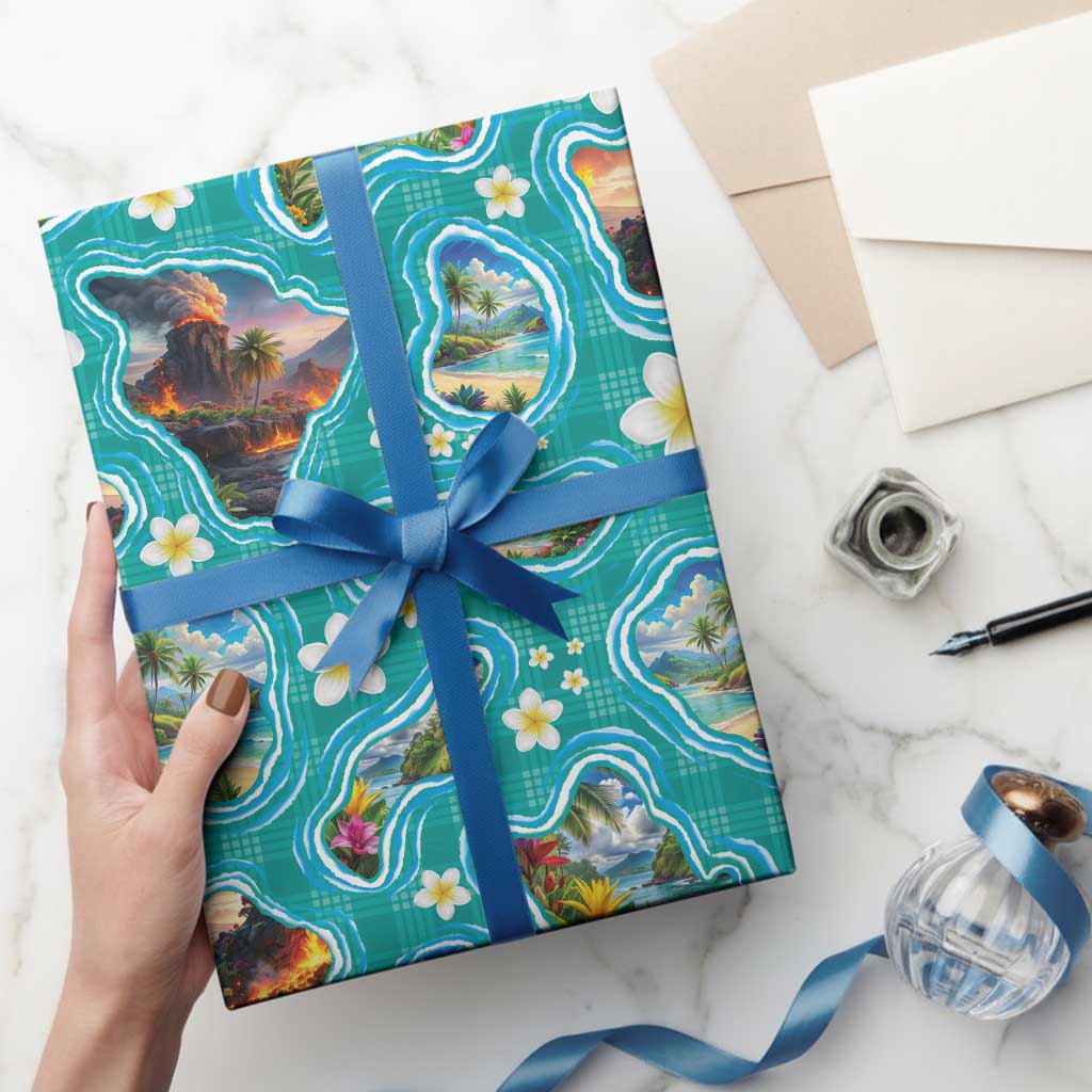 Hawaii Map with Plumeria Flower and Palaka Pattern Wrapping Paper Tropical Island Teal Design