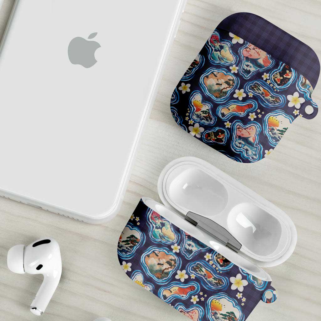 Hawaii Islands Map Design with Japanese Landscape AirPods Case Hawaiian Japan Fusion Art Navy Color