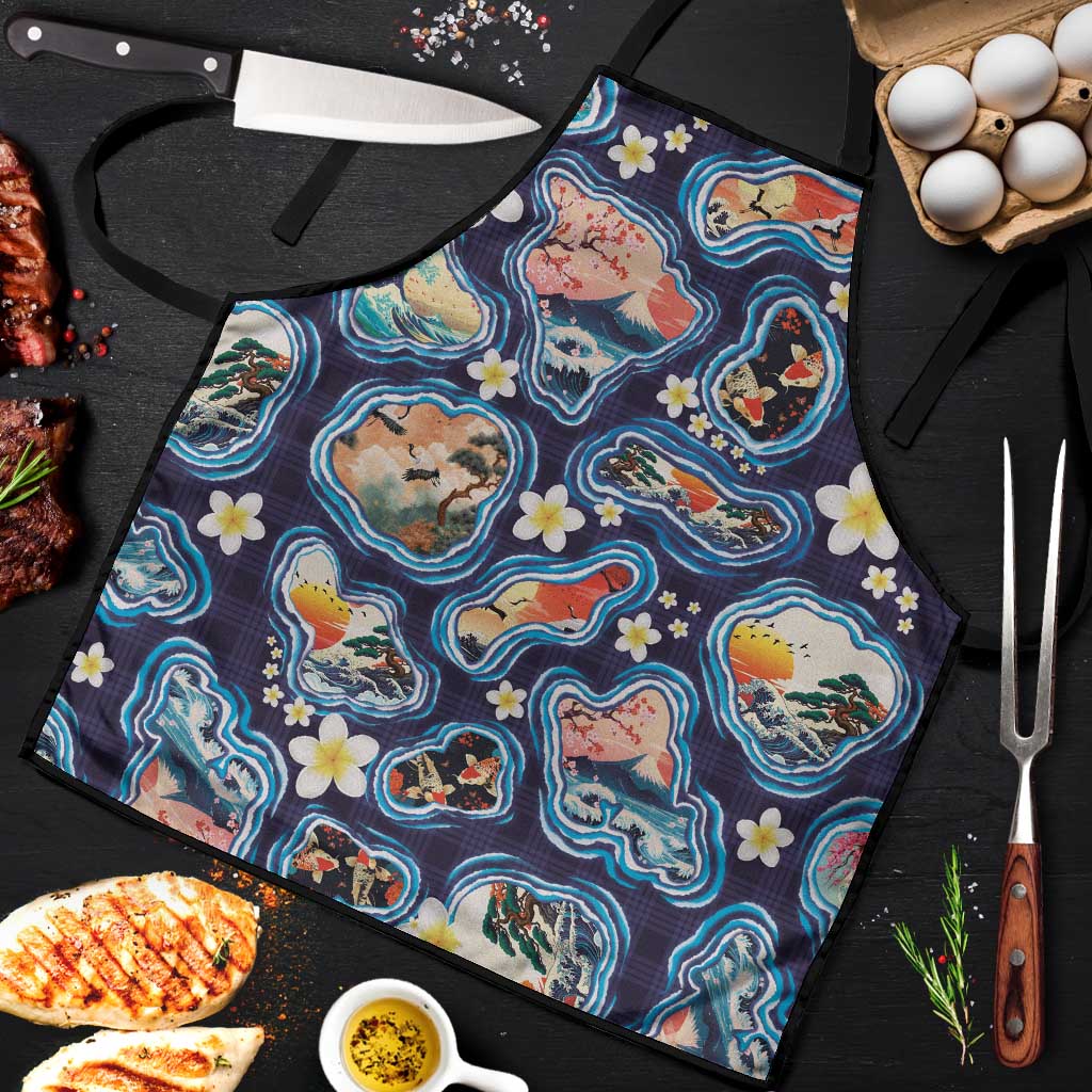 Hawaii Islands Map Design with Japanese Landscape Apron Hawaiian Japan Fusion Art Navy Color