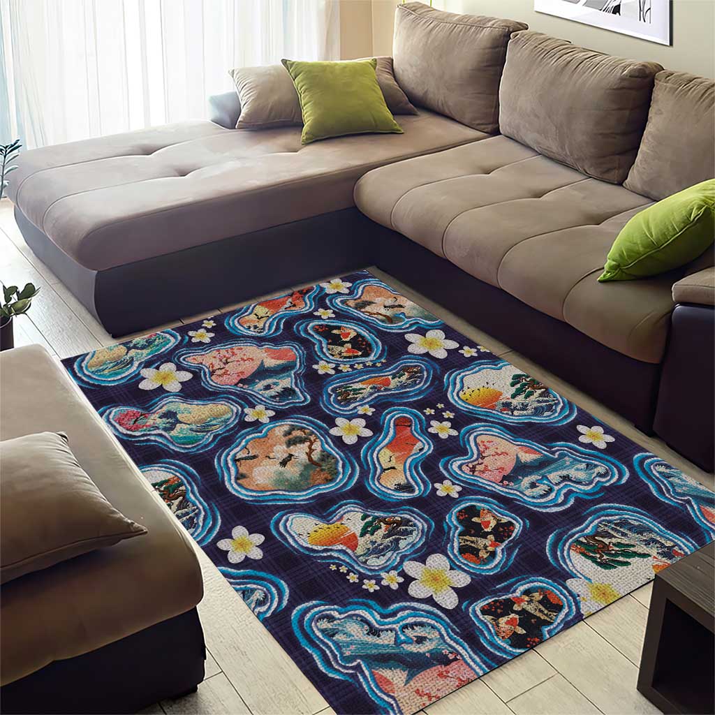 Hawaii Islands Map Design with Japanese Landscape Area Rug Hawaiian Japan Fusion Art Navy Color