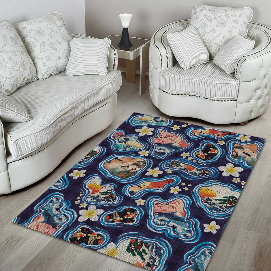 Hawaii Islands Map Design with Japanese Landscape Area Rug Hawaiian Japan Fusion Art Navy Color