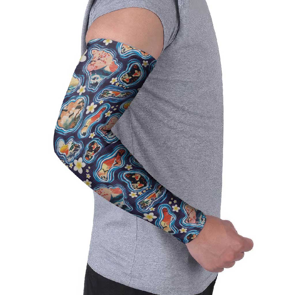Hawaii Islands Map Design with Japanese Landscape Arm Sleeves Hawaiian Japan Fusion Art Navy Color