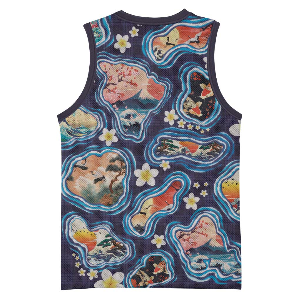 Hawaii Islands Map Design with Japanese Landscape Basketball Jersey Hawaiian Japan Fusion Art Navy Color