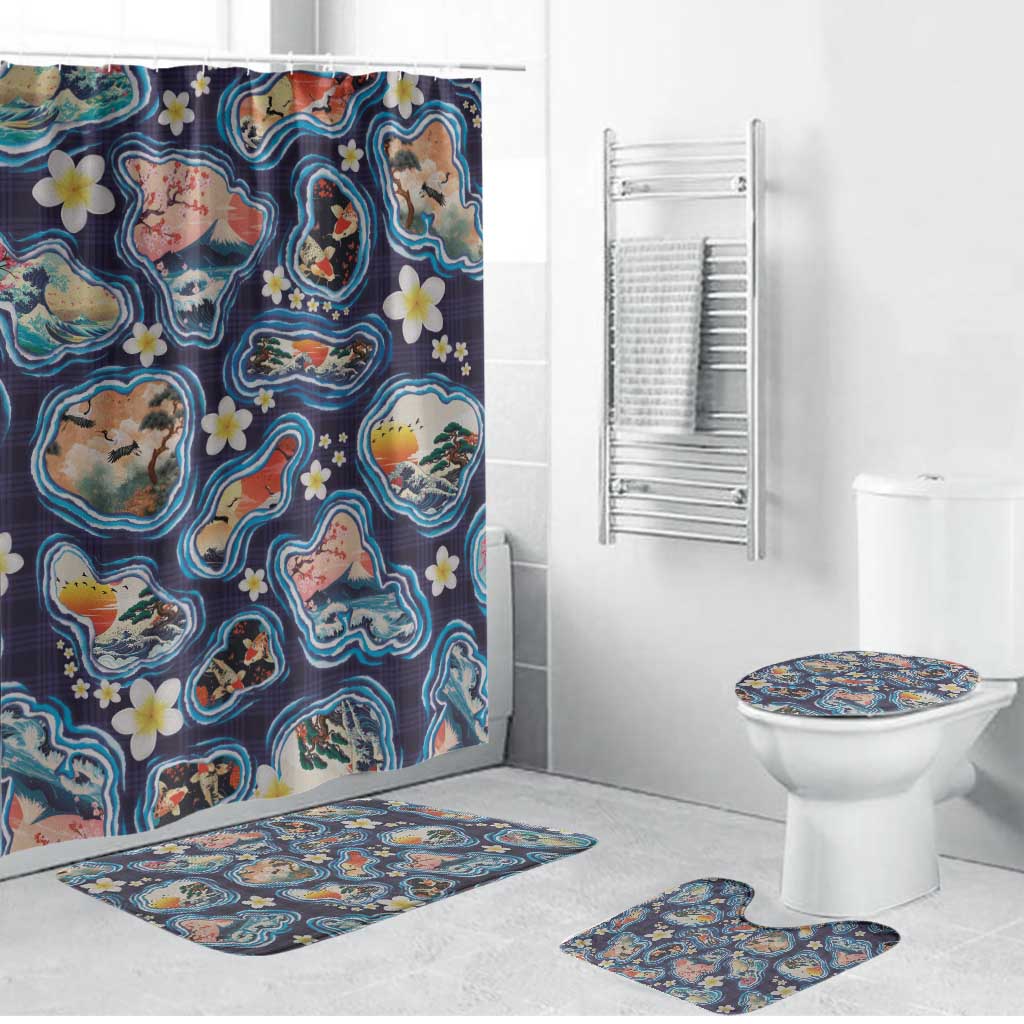Hawaii Islands Map Design with Japanese Landscape Bathroom Set Hawaiian Japan Fusion Art Navy Color