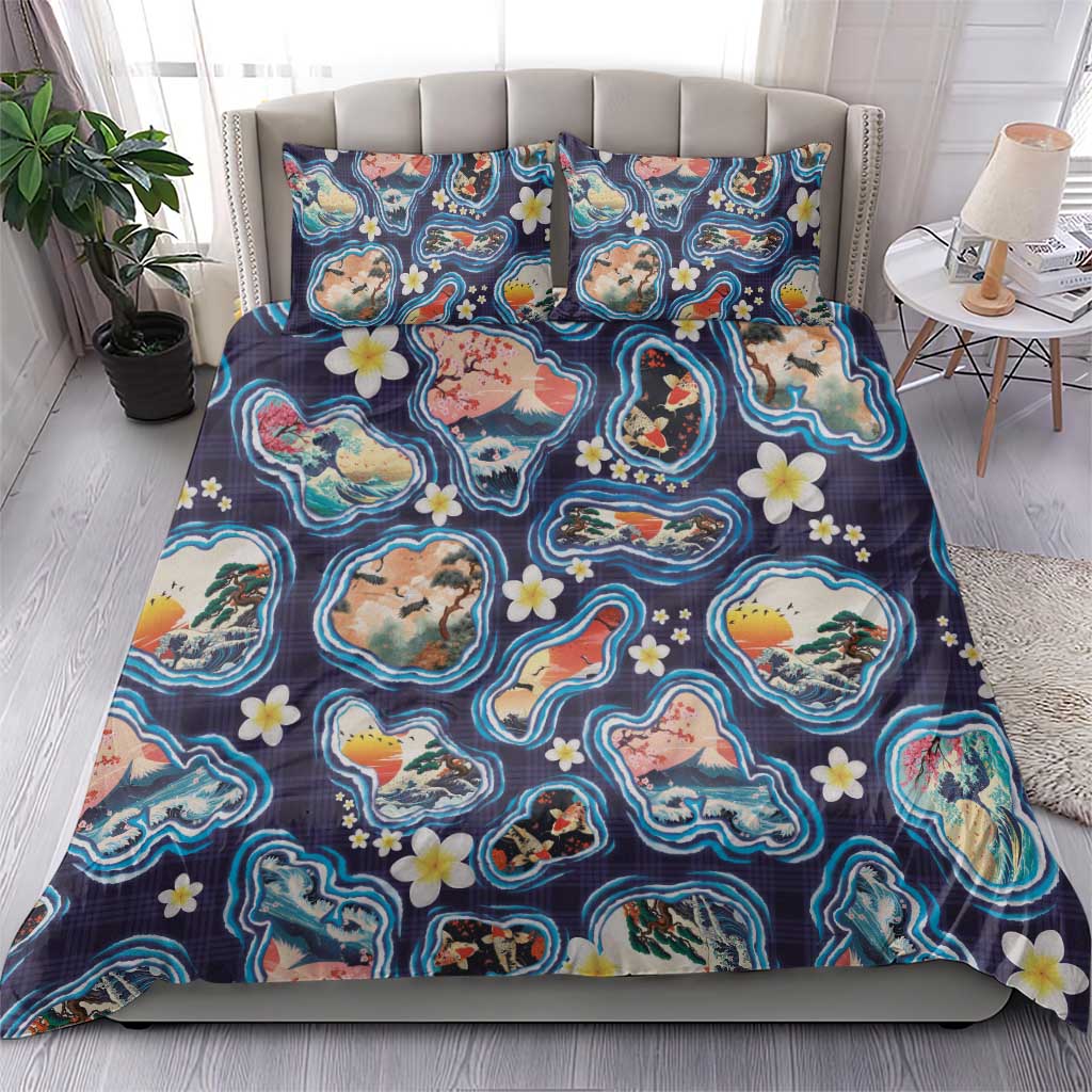 Hawaii Islands Map Design with Japanese Landscape Bedding Set Hawaiian Japan Fusion Art Navy Color