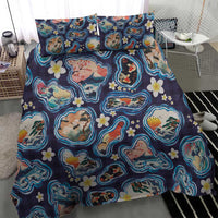 Hawaii Islands Map Design with Japanese Landscape Bedding Set Hawaiian Japan Fusion Art Navy Color