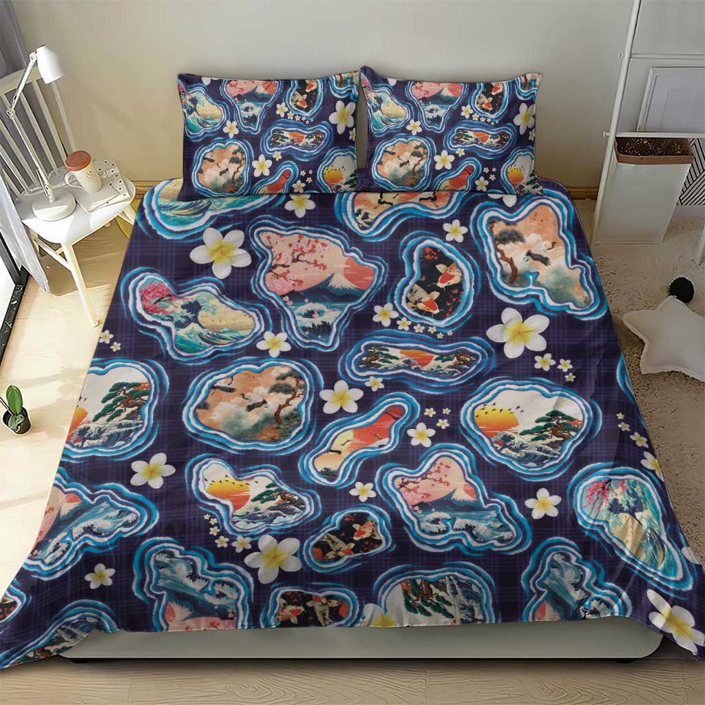Hawaii Islands Map Design with Japanese Landscape Bedding Set Hawaiian Japan Fusion Art Navy Color