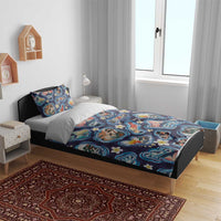 Hawaii Islands Map Design with Japanese Landscape Bedding Set Hawaiian Japan Fusion Art Navy Color