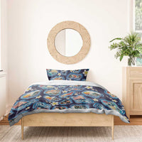 Hawaii Islands Map Design with Japanese Landscape Bedding Set Hawaiian Japan Fusion Art Navy Color