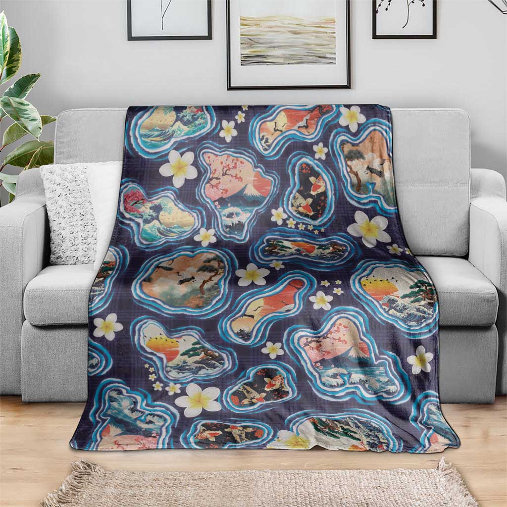 Hawaii Islands Map Design with Japanese Landscape Blanket Hawaiian Japan Fusion Art Navy Color