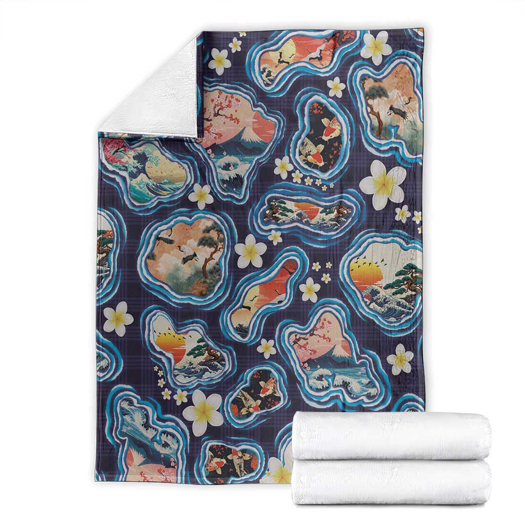 Hawaii Islands Map Design with Japanese Landscape Blanket Hawaiian Japan Fusion Art Navy Color