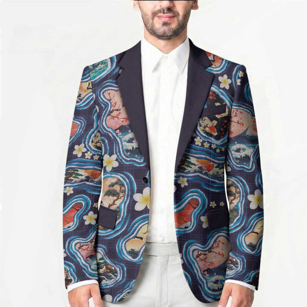 Hawaii Islands Map Design with Japanese Landscape Blazer Hawaiian Japan Fusion Art Navy Color
