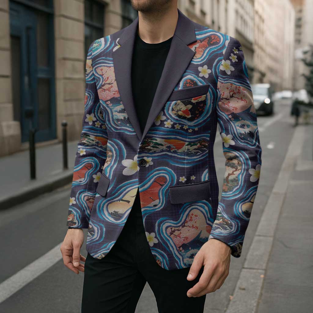 Hawaii Islands Map Design with Japanese Landscape Blazer Hawaiian Japan Fusion Art Navy Color