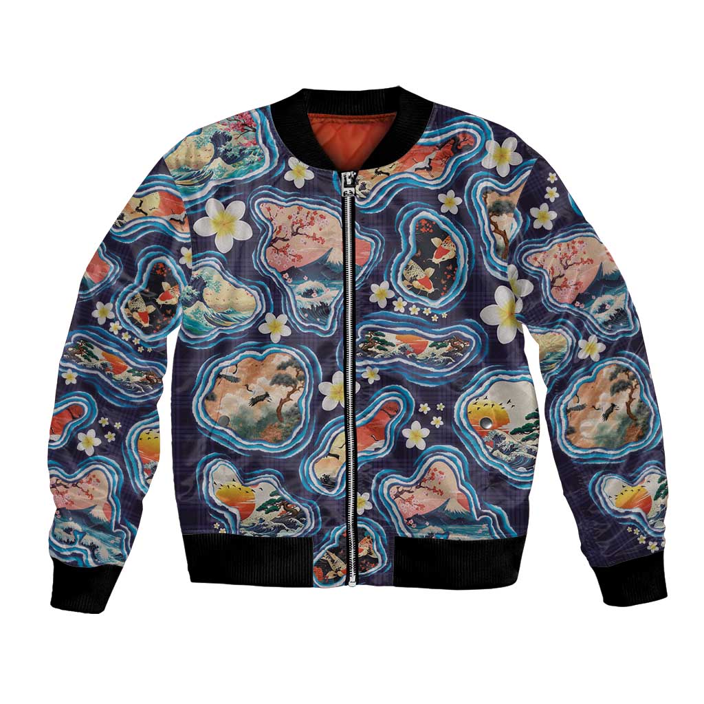 Hawaii Islands Map Design with Japanese Landscape Bomber Jacket Hawaiian Japan Fusion Art Navy Color