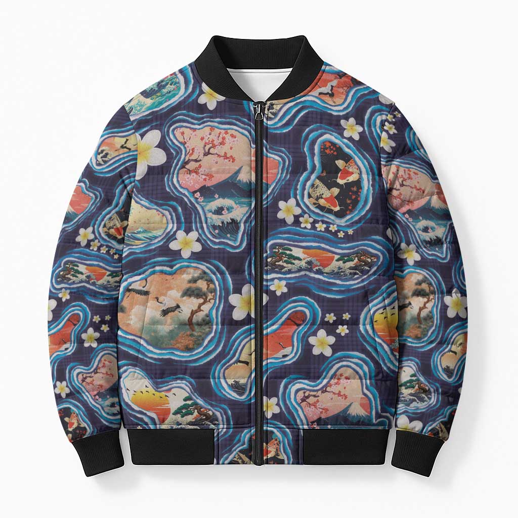 Hawaii Islands Map Design with Japanese Landscape Bomber Puffer Jacket Hawaiian Japan Fusion Art Navy Color