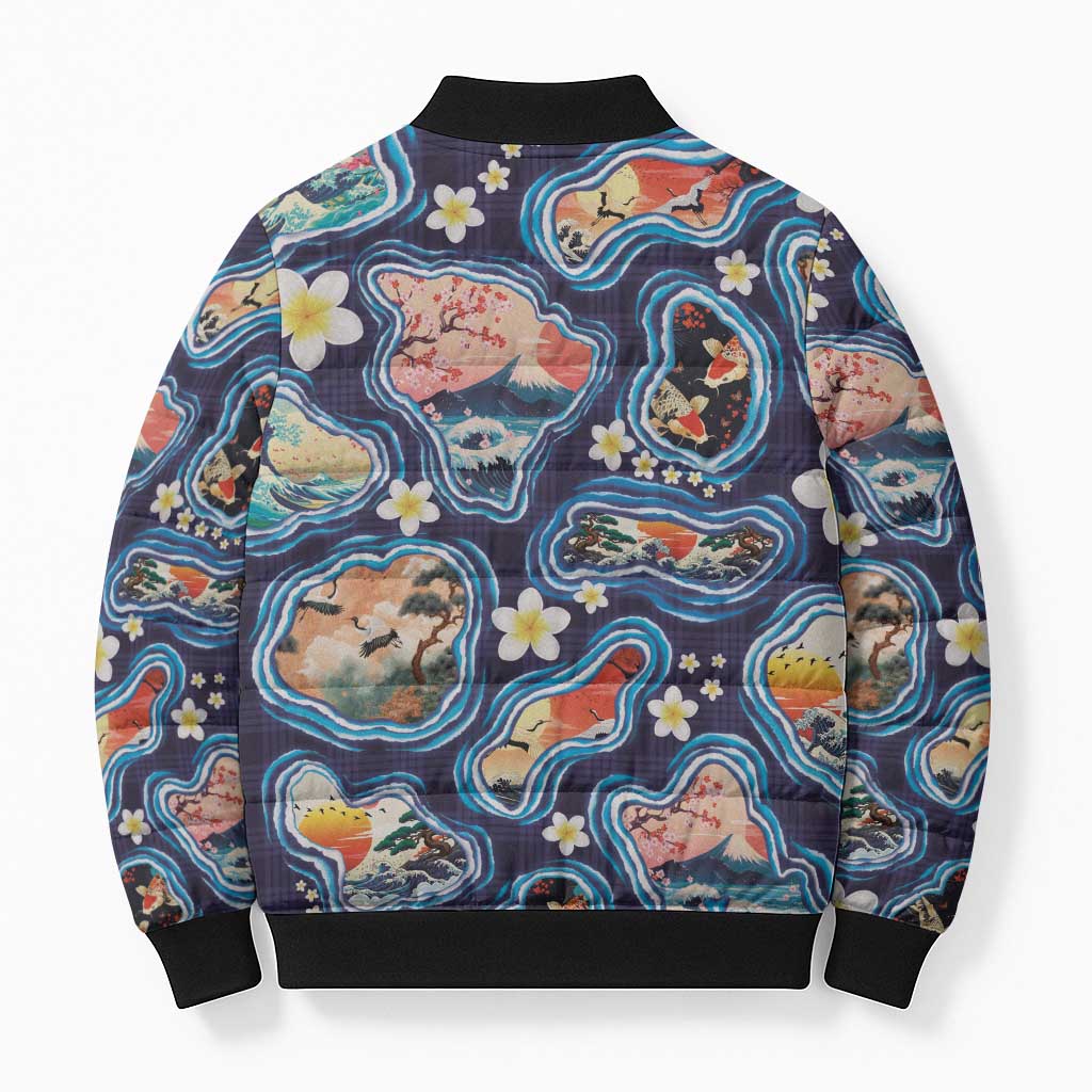 Hawaii Islands Map Design with Japanese Landscape Bomber Puffer Jacket Hawaiian Japan Fusion Art Navy Color