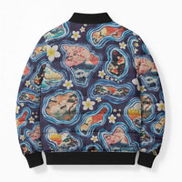 Hawaii Islands Map Design with Japanese Landscape Bomber Puffer Jacket Hawaiian Japan Fusion Art Navy Color