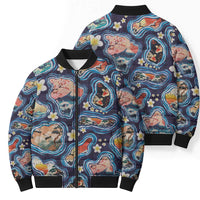 Hawaii Islands Map Design with Japanese Landscape Bomber Puffer Jacket Hawaiian Japan Fusion Art Navy Color
