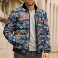Hawaii Islands Map Design with Japanese Landscape Bomber Puffer Jacket Hawaiian Japan Fusion Art Navy Color