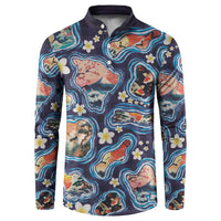 Hawaii Islands Map Design with Japanese Landscape Button Sweatshirt Hawaiian Japan Fusion Art Navy Color